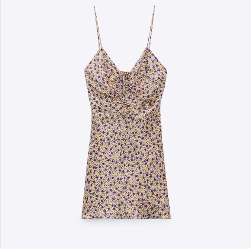 Zara Yellow Floral Draped Satin Effect Mini Dress Size Medium NWT New With Tags